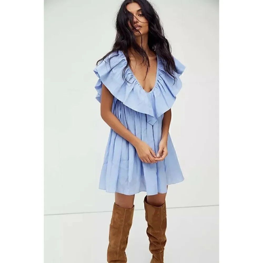 NWT FREE PEOPLE X KETEVANNA Sz M ANNA RUFFLE MINI DRESS IN BLUE